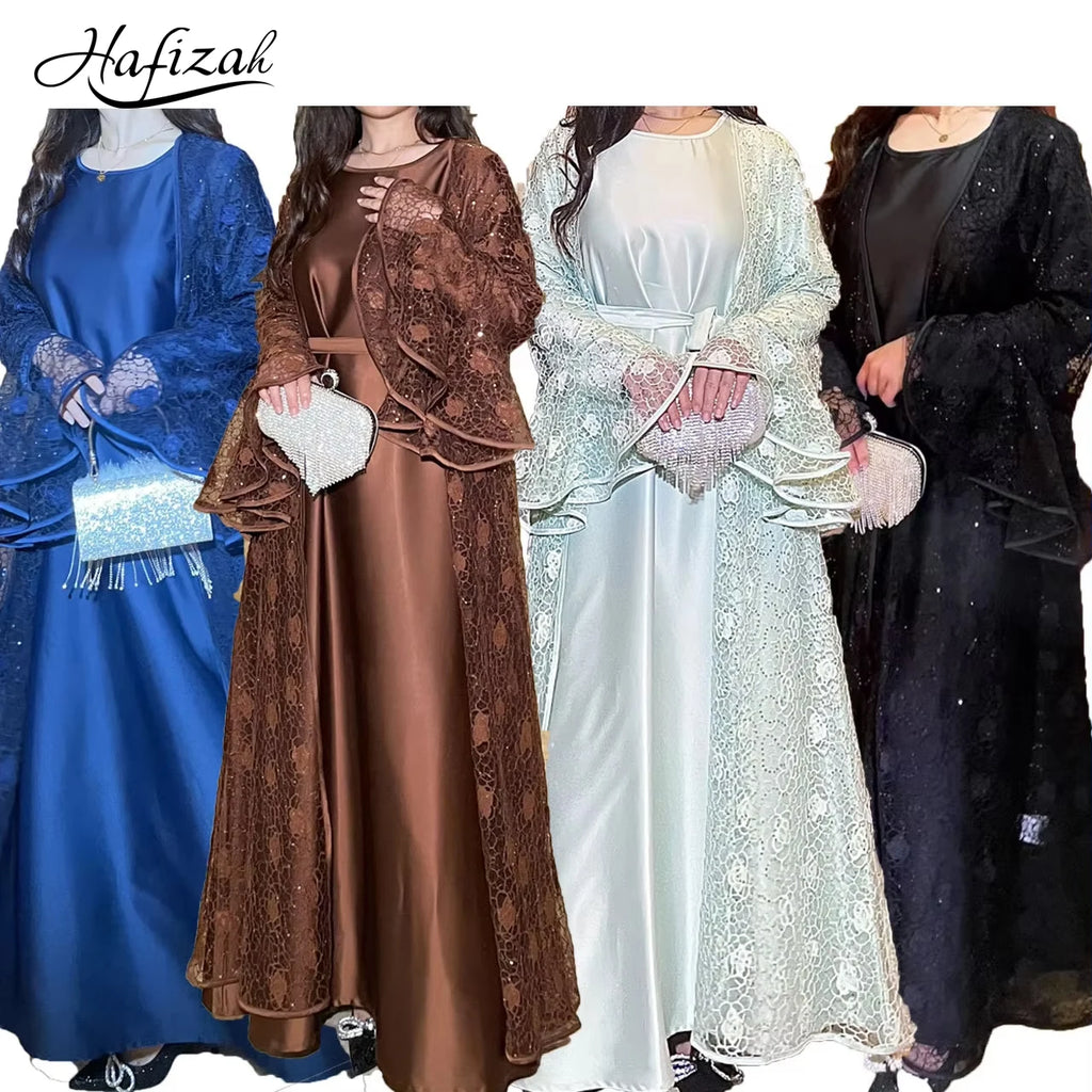 Ramadan Eid Dubai Turkish Banquet Party Abaya for Women Elegant Flare Sleeve Lace 2 Pieces Dresses Robe Muslim