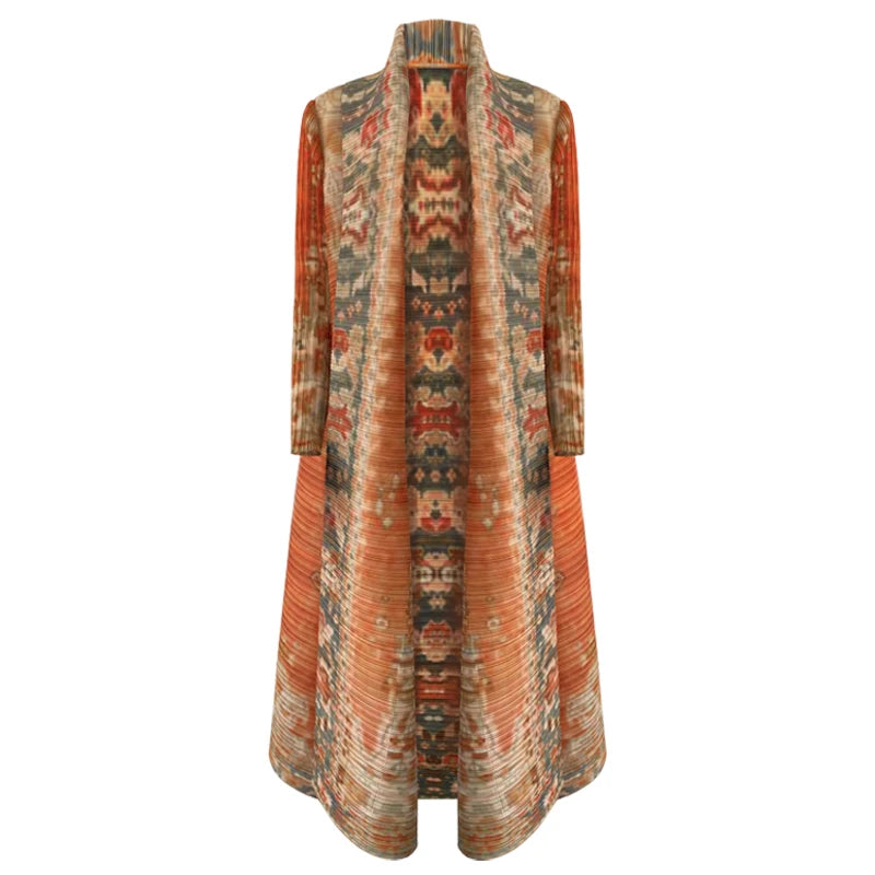 2025 Dubai Printed Pleated Long Women Muslim Lapel Tie Robe Large Size Muslim Pleated Belt Casual Modest Women Abaya