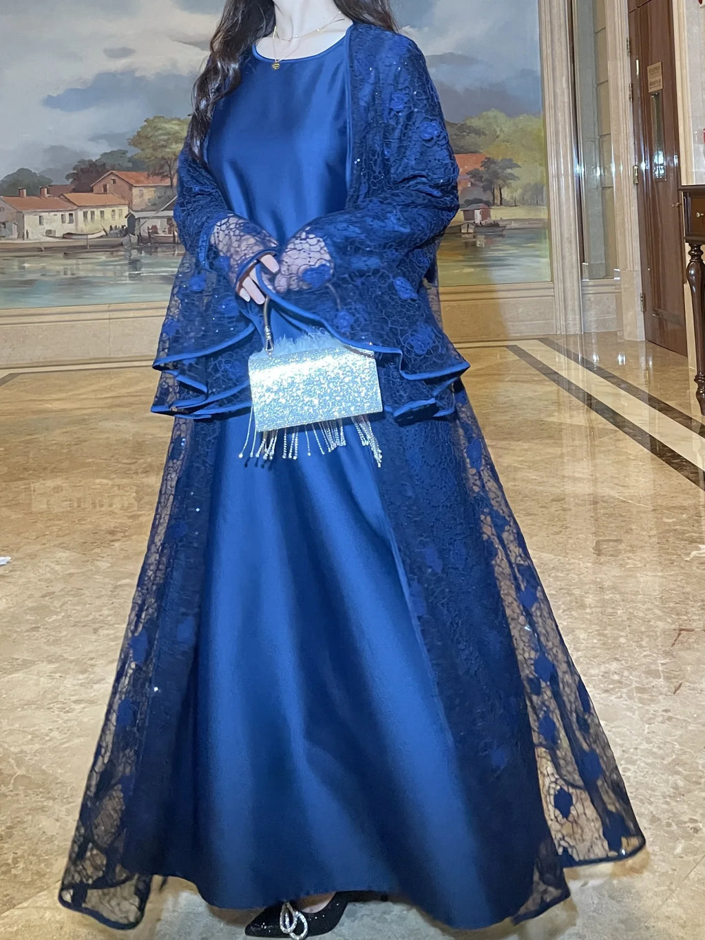 Ramadan Eid Dubai Turkish Banquet Party Abaya for Women Elegant Flare Sleeve Lace 2 Pieces Dresses Robe Muslim