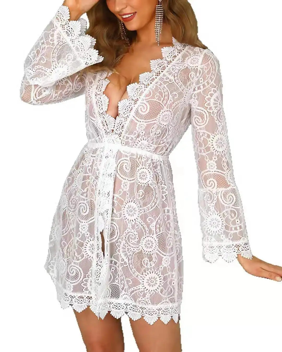 Women Floral Sheer Lace Bikini Cover-Ups 2020 Summer Beach Dress Swim Wear White Long Sleeve Swimsuit Cover-ups Tunic Bath Suit