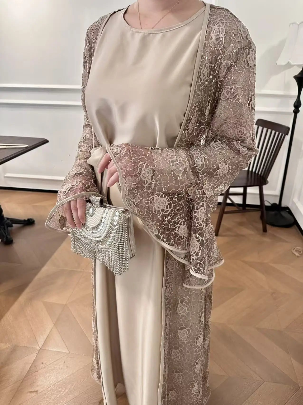 Ramadan Eid Dubai Turkish Banquet Party Abaya for Women Elegant Flare Sleeve Lace 2 Pieces Dresses Robe Muslim