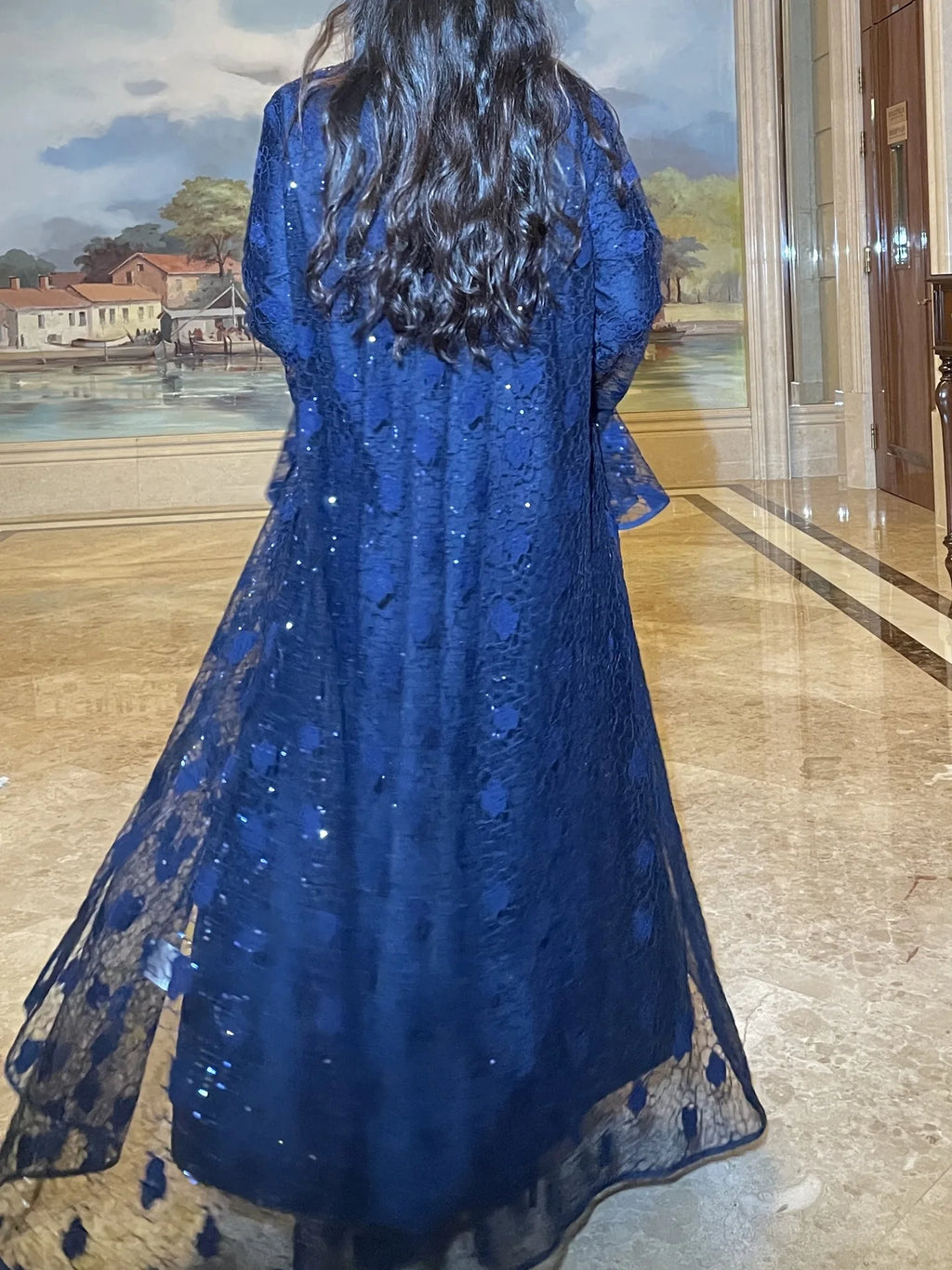 Ramadan Eid Dubai Turkish Banquet Party Abaya for Women Elegant Flare Sleeve Lace 2 Pieces Dresses Robe Muslim