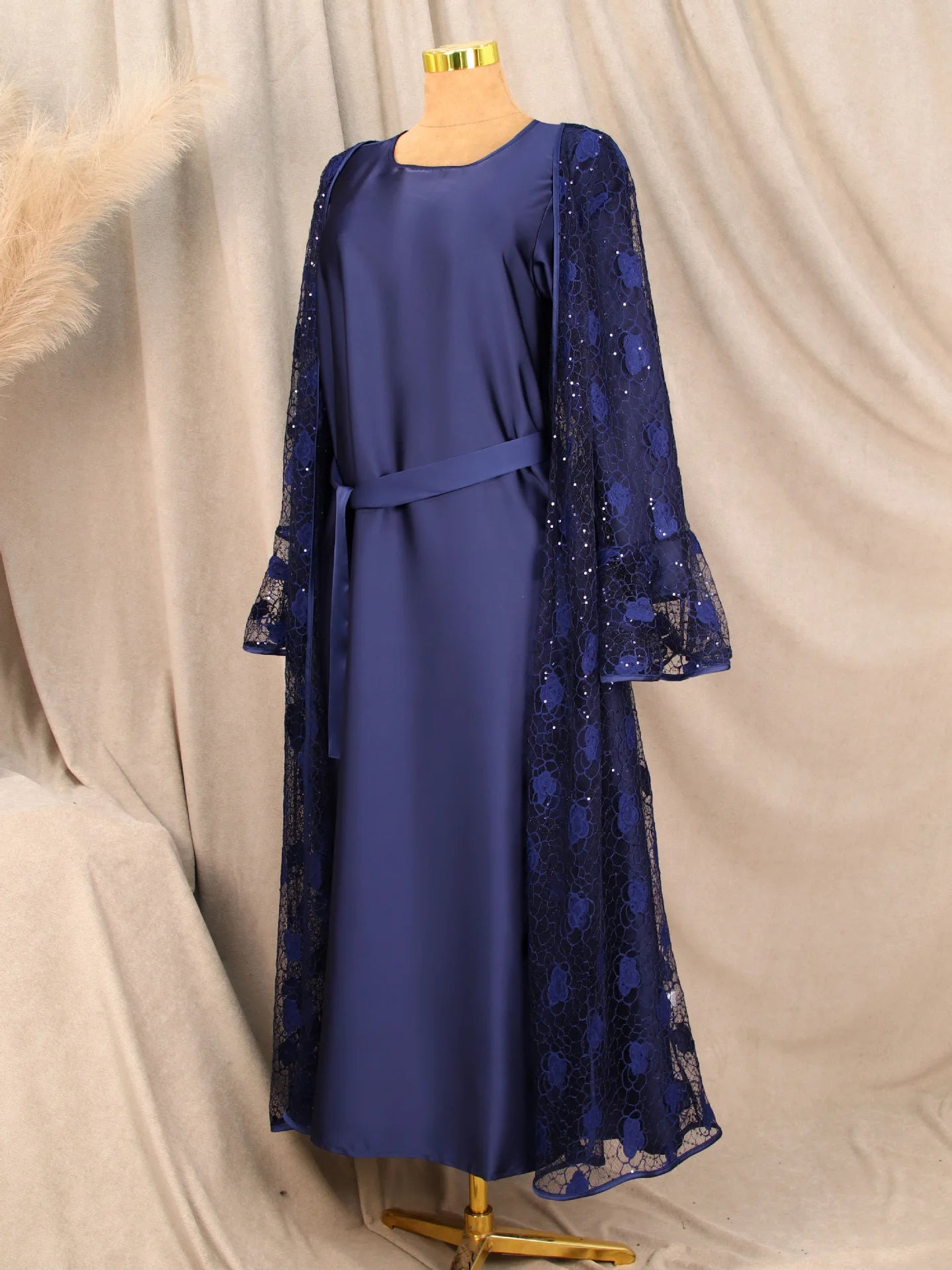 Ramadan Eid Dubai Turkish Banquet Party Abaya for Women Elegant Flare Sleeve Lace 2 Pieces Dresses Robe Muslim