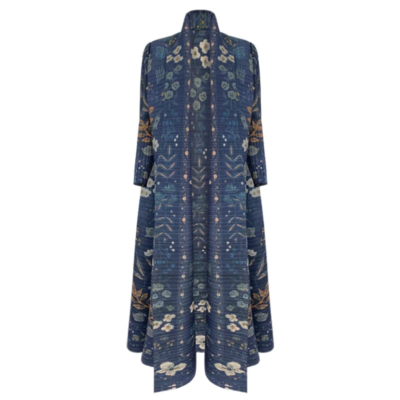 2025 Dubai Printed Pleated Long Women Muslim Lapel Tie Robe Large Size Muslim Pleated Belt Casual Modest Women Abaya