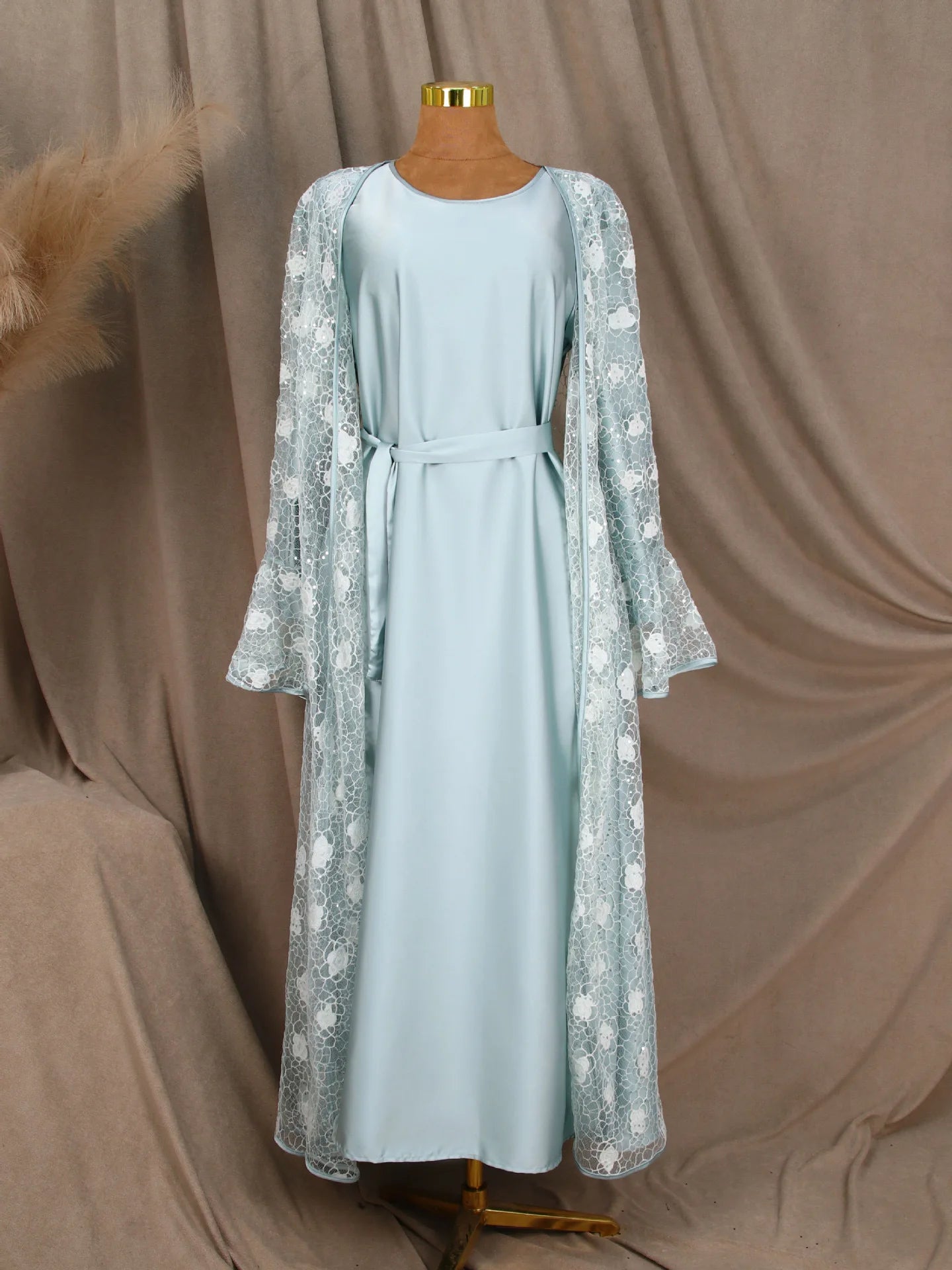 Ramadan Eid Dubai Turkish Banquet Party Abaya for Women Elegant Flare Sleeve Lace 2 Pieces Dresses Robe Muslim