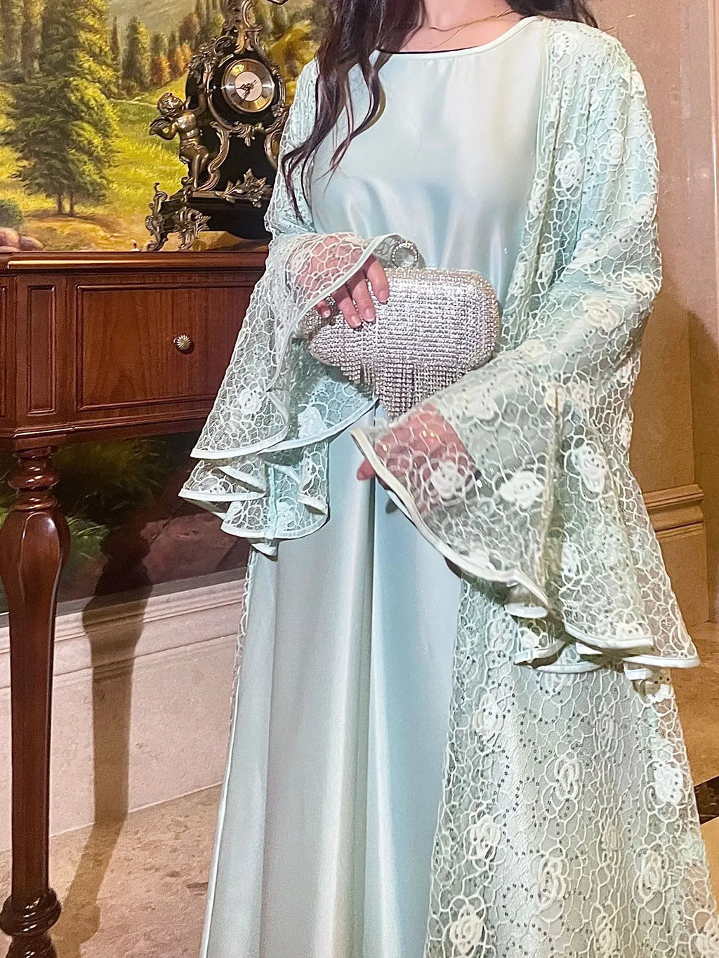 Ramadan Eid Dubai Turkish Banquet Party Abaya for Women Elegant Flare Sleeve Lace 2 Pieces Dresses Robe Muslim