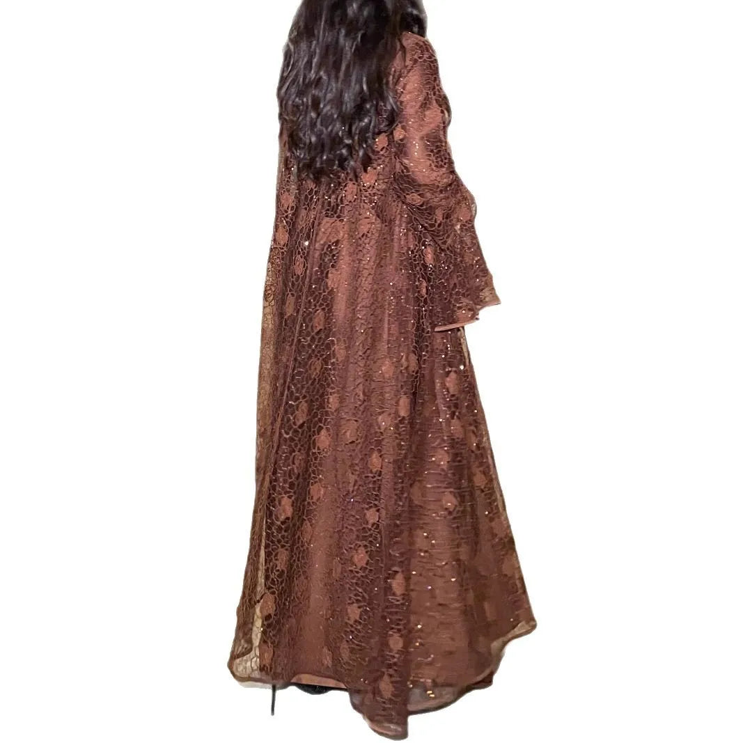 Ramadan Eid Dubai Turkish Banquet Party Abaya for Women Elegant Flare Sleeve Lace 2 Pieces Dresses Robe Muslim