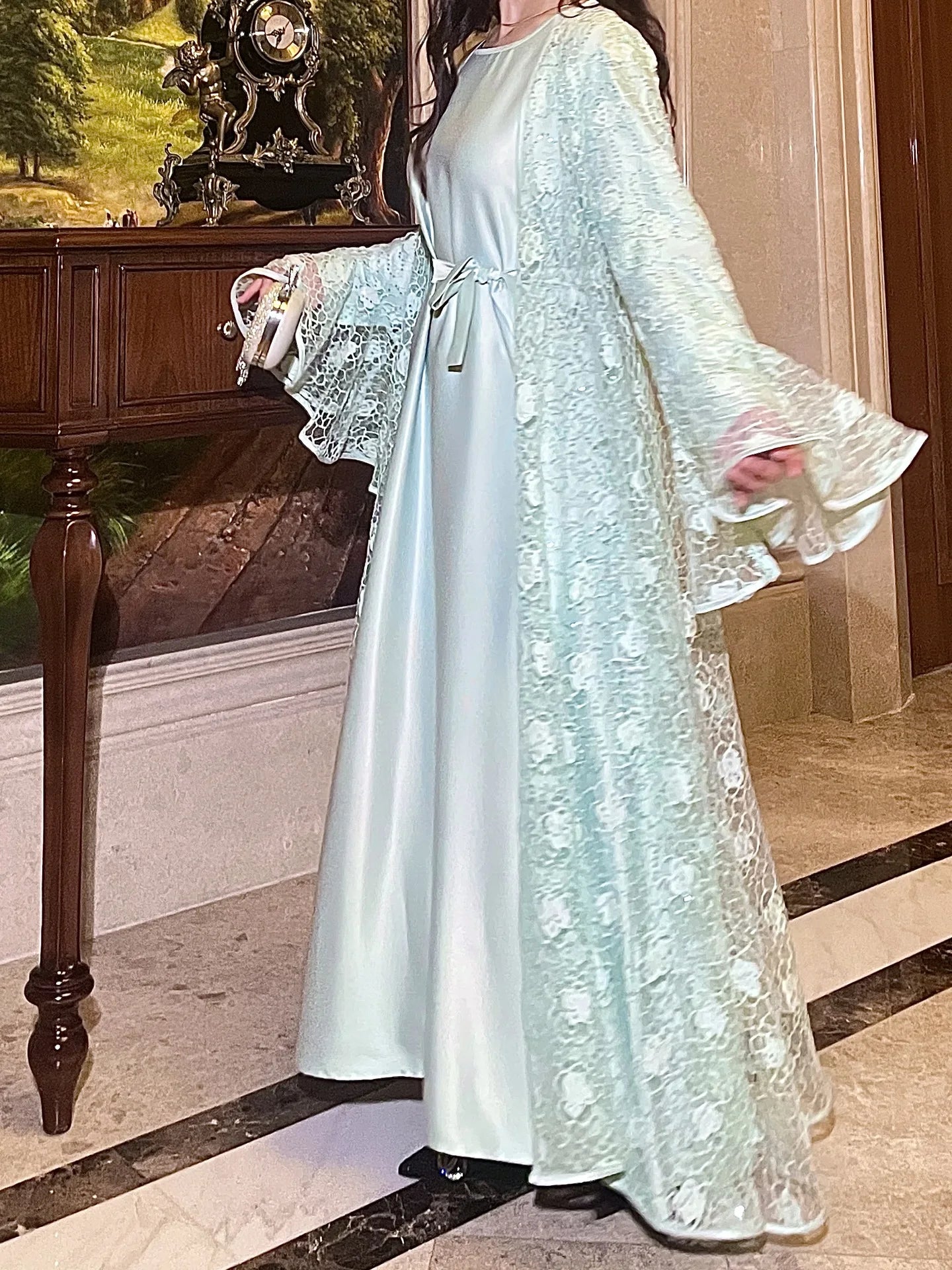 Ramadan Eid Dubai Turkish Banquet Party Abaya for Women Elegant Flare Sleeve Lace 2 Pieces Dresses Robe Muslim