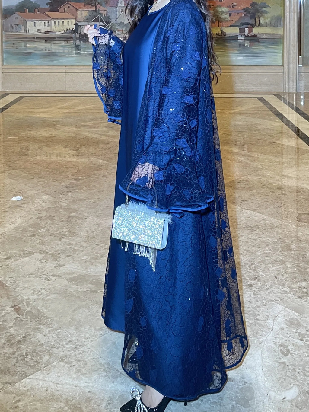 Ramadan Eid Dubai Turkish Banquet Party Abaya for Women Elegant Flare Sleeve Lace 2 Pieces Dresses Robe Muslim