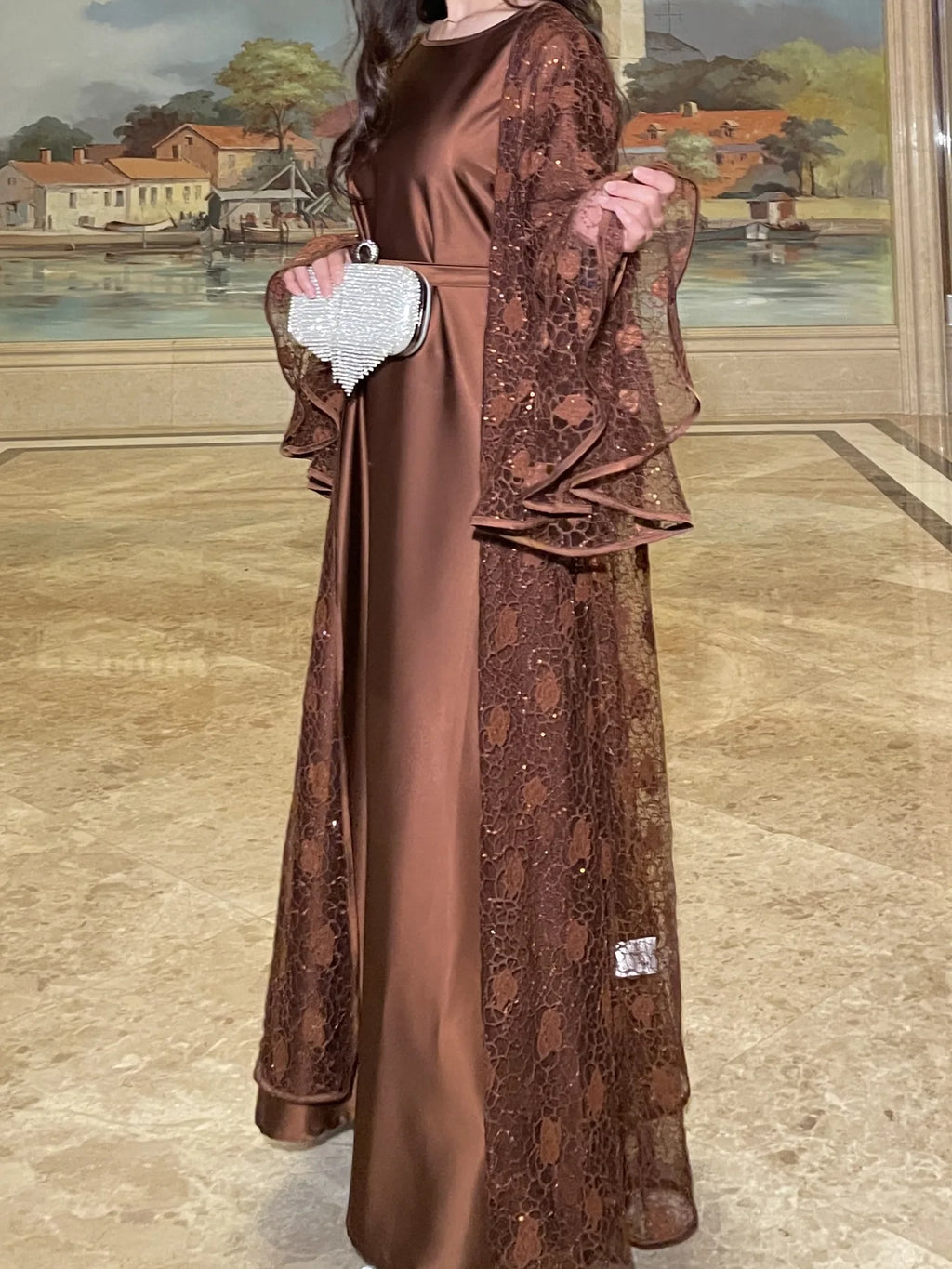 Ramadan Eid Dubai Turkish Banquet Party Abaya for Women Elegant Flare Sleeve Lace 2 Pieces Dresses Robe Muslim