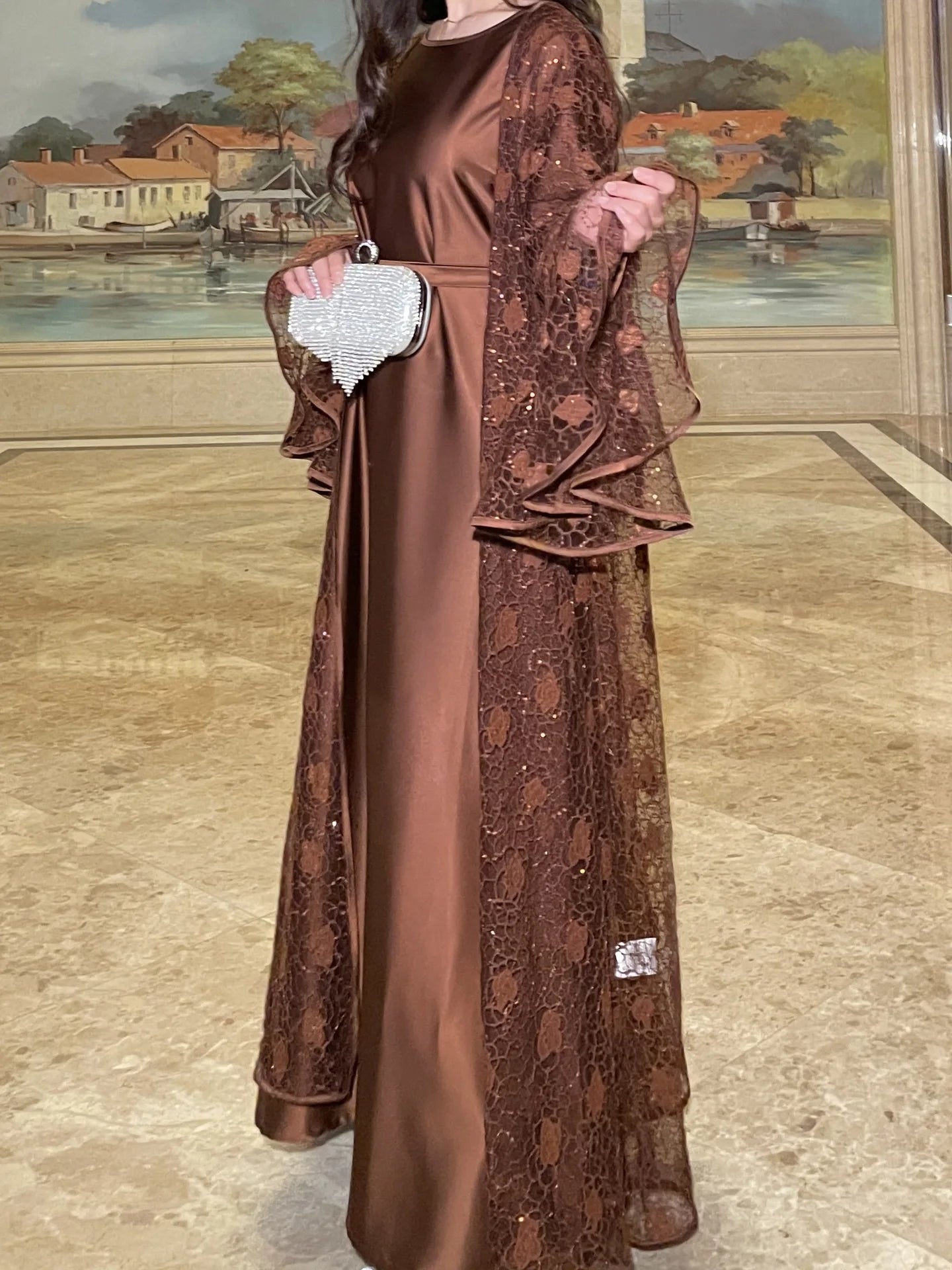 Ramadan Eid Dubai Turkish Banquet Party Abaya for Women Elegant Flare Sleeve Lace 2 Pieces Dresses Robe Muslim
