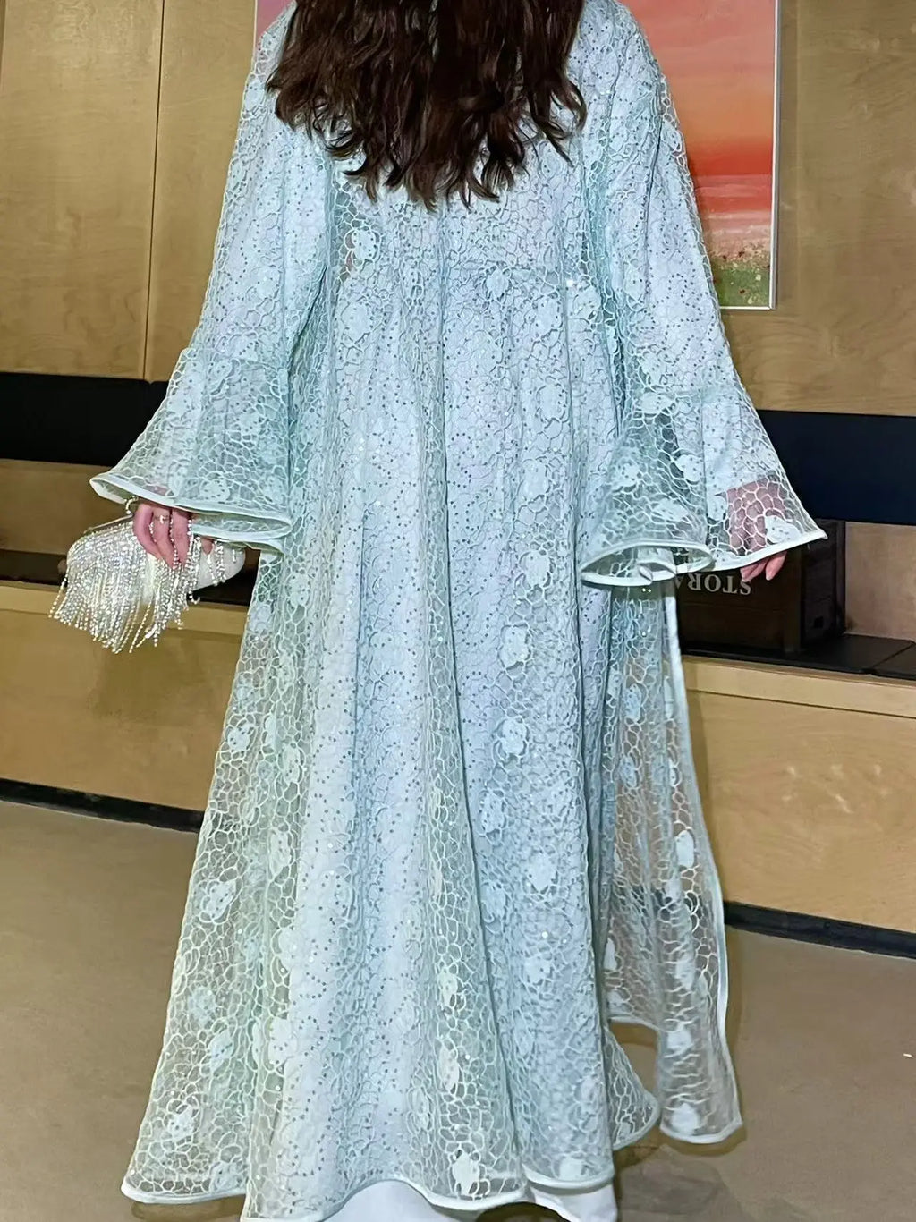 Ramadan Eid Dubai Turkish Banquet Party Abaya for Women Elegant Flare Sleeve Lace 2 Pieces Dresses Robe Muslim