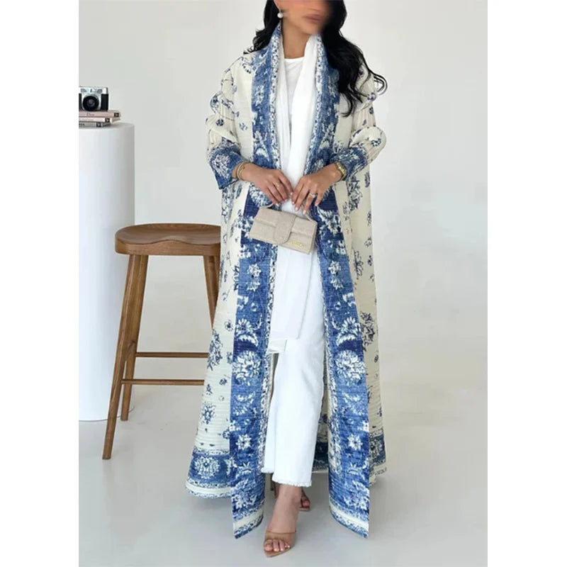 2025 Dubai Printed Pleated Long Women Muslim Lapel Tie Robe Large Size Muslim Pleated Belt Casual Modest Women Abaya