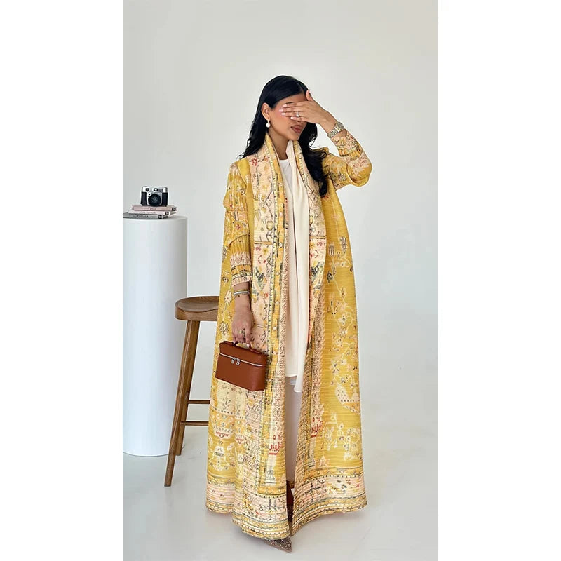 2025 Dubai Printed Pleated Long Women Muslim Lapel Tie Robe Large Size Muslim Pleated Belt Casual Modest Women Abaya