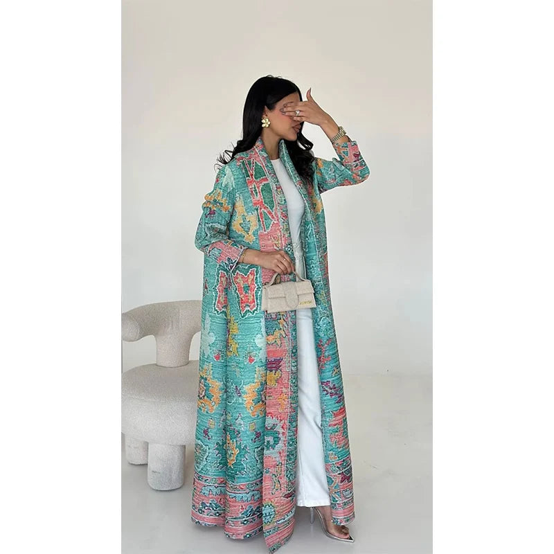 2025 Dubai Printed Pleated Long Women Muslim Lapel Tie Robe Large Size Muslim Pleated Belt Casual Modest Women Abaya