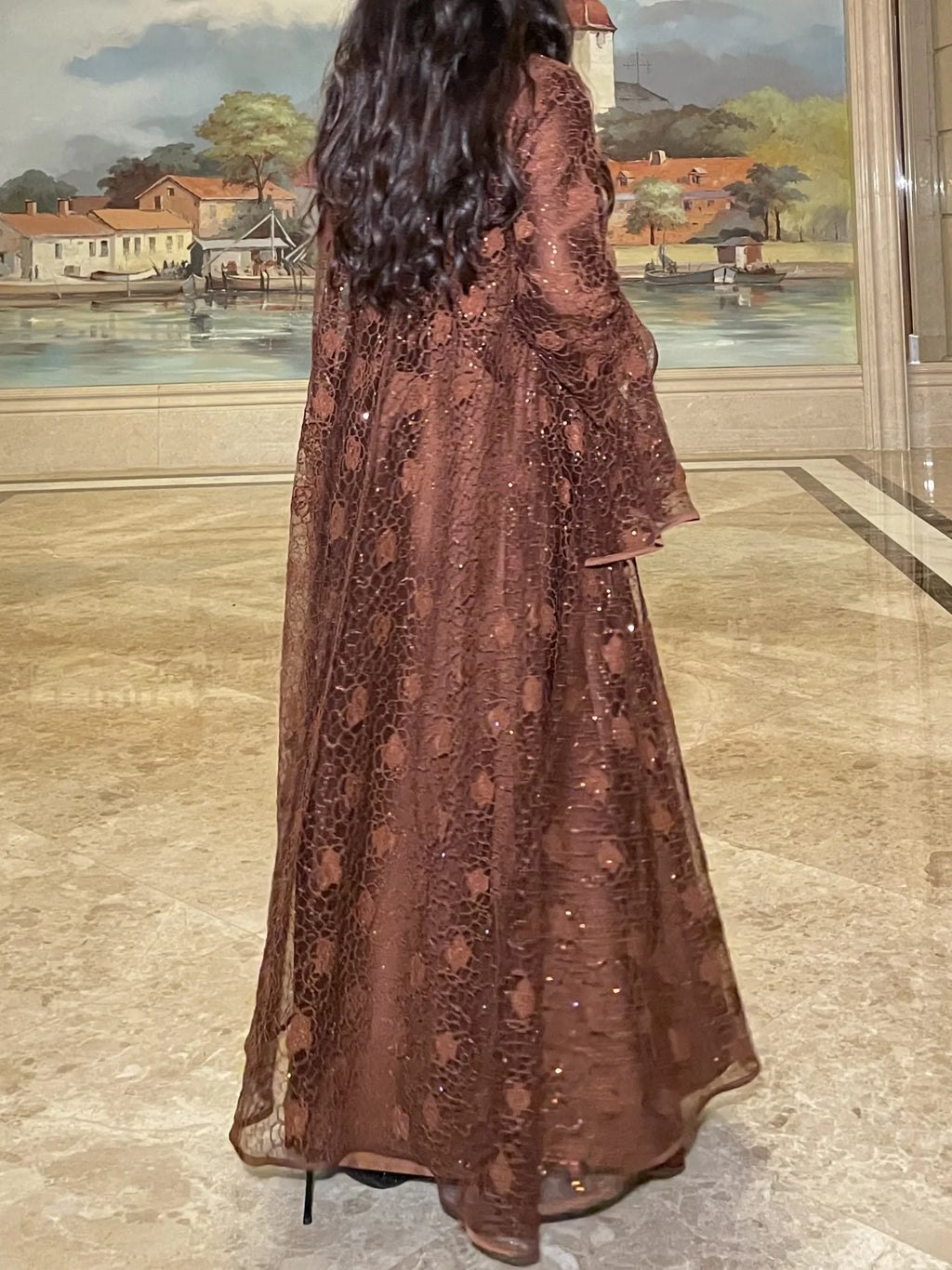 Ramadan Eid Dubai Turkish Banquet Party Abaya for Women Elegant Flare Sleeve Lace 2 Pieces Dresses Robe Muslim