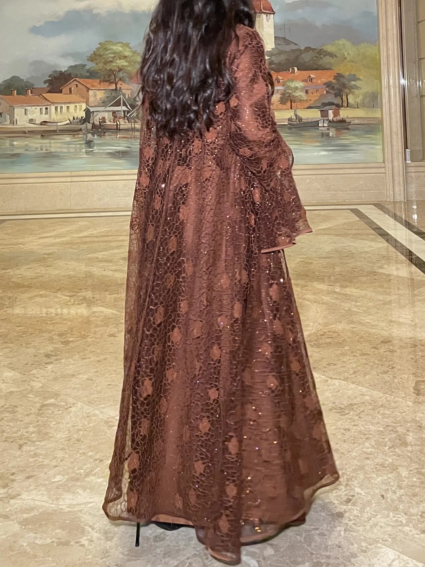 Ramadan Eid Dubai Turkish Banquet Party Abaya for Women Elegant Flare Sleeve Lace 2 Pieces Dresses Robe Muslim