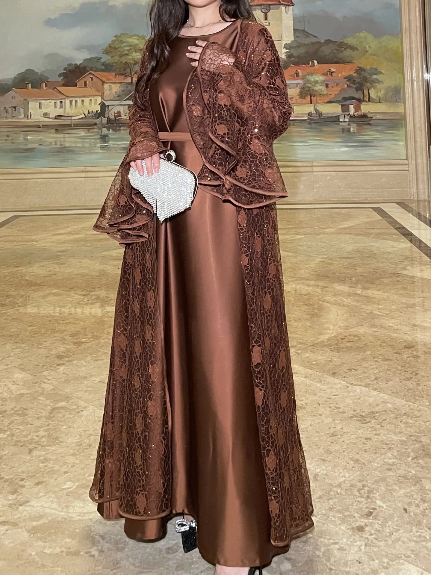 Ramadan Eid Dubai Turkish Banquet Party Abaya for Women Elegant Flare Sleeve Lace 2 Pieces Dresses Robe Muslim