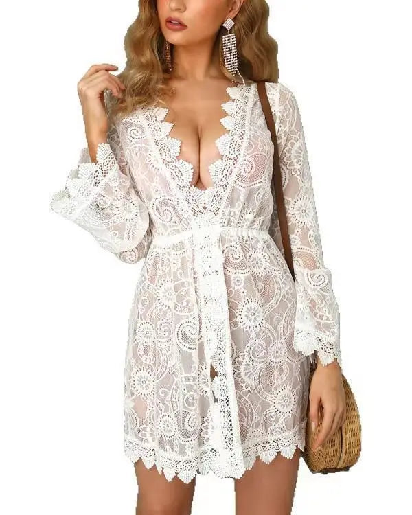 Women Floral Sheer Lace Bikini Cover-Ups 2020 Summer Beach Dress Swim Wear White Long Sleeve Swimsuit Cover-ups Tunic Bath Suit