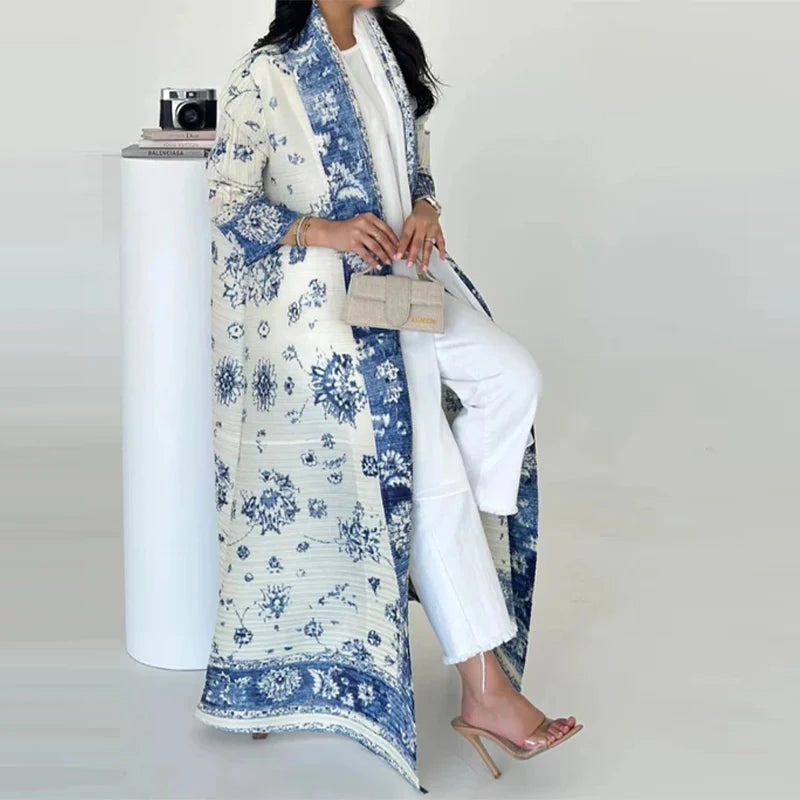 2025 Dubai Printed Pleated Long Women Muslim Lapel Tie Robe Large Size Muslim Pleated Belt Casual Modest Women Abaya