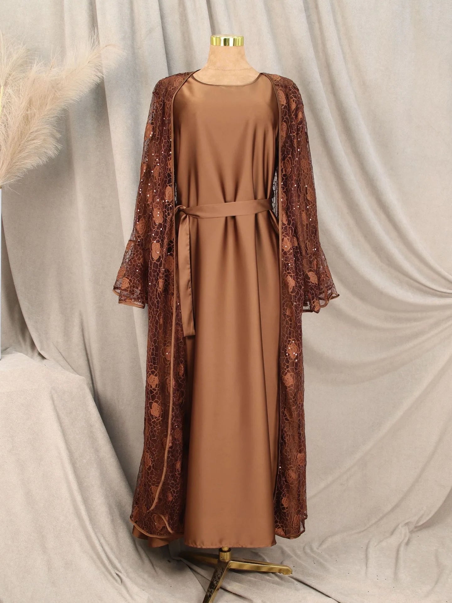 Ramadan Eid Dubai Turkish Banquet Party Abaya for Women Elegant Flare Sleeve Lace 2 Pieces Dresses Robe Muslim