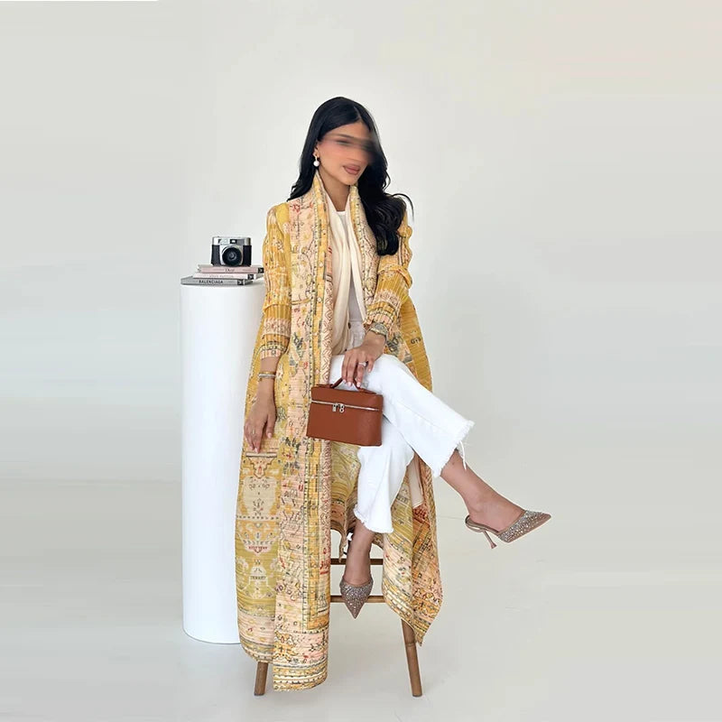 2025 Dubai Printed Pleated Long Women Muslim Lapel Tie Robe Large Size Muslim Pleated Belt Casual Modest Women Abaya