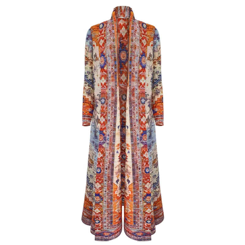 2025 Dubai Printed Pleated Long Women Muslim Lapel Tie Robe Large Size Muslim Pleated Belt Casual Modest Women Abaya
