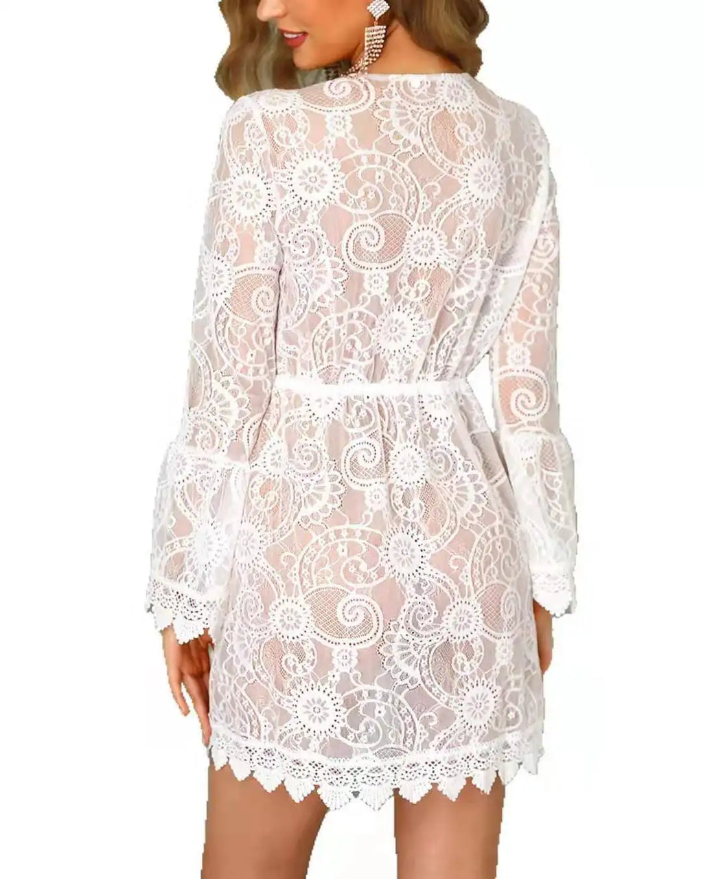 Women Floral Sheer Lace Bikini Cover-Ups 2020 Summer Beach Dress Swim Wear White Long Sleeve Swimsuit Cover-ups Tunic Bath Suit
