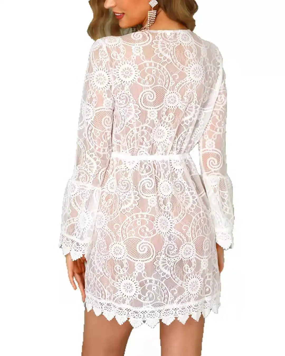 Women Floral Sheer Lace Bikini Cover-Ups 2020 Summer Beach Dress Swim Wear White Long Sleeve Swimsuit Cover-ups Tunic Bath Suit