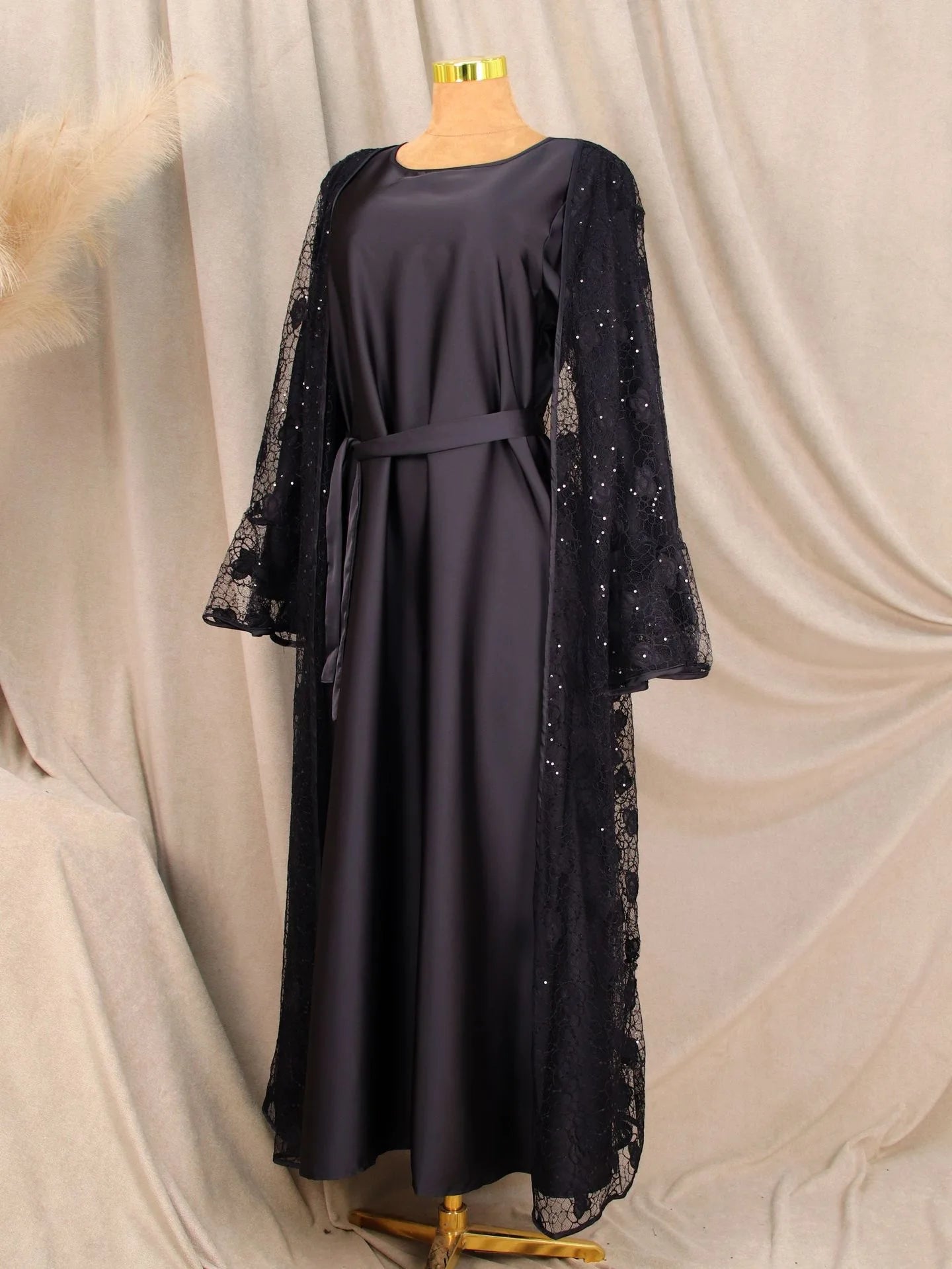 Ramadan Eid Dubai Turkish Banquet Party Abaya for Women Elegant Flare Sleeve Lace 2 Pieces Dresses Robe Muslim