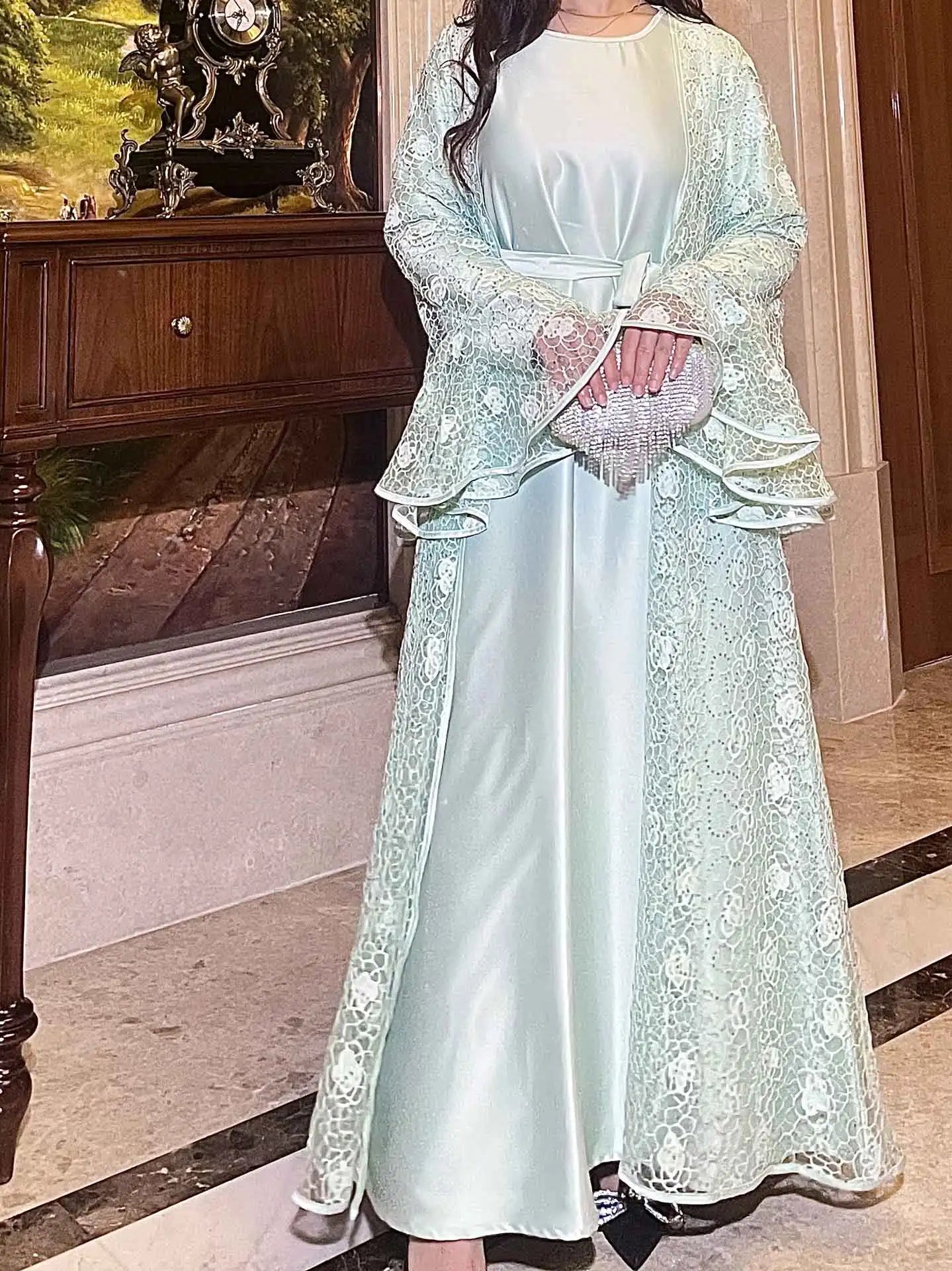 Ramadan Eid Dubai Turkish Banquet Party Abaya for Women Elegant Flare Sleeve Lace 2 Pieces Dresses Robe Muslim