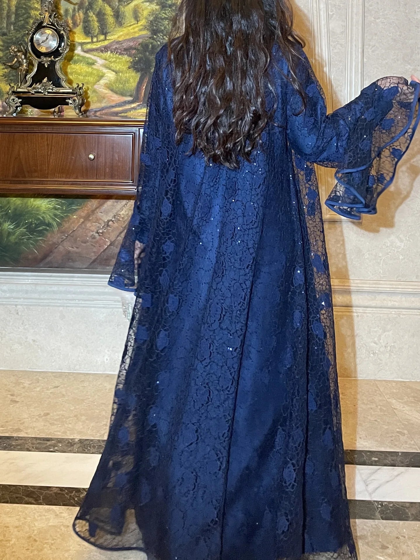 Ramadan Eid Dubai Turkish Banquet Party Abaya for Women Elegant Flare Sleeve Lace 2 Pieces Dresses Robe Muslim