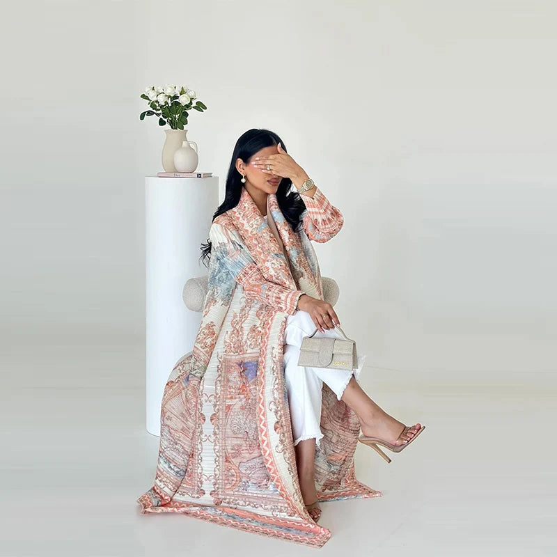 2025 Dubai Printed Pleated Long Women Muslim Lapel Tie Robe Large Size Muslim Pleated Belt Casual Modest Women Abaya