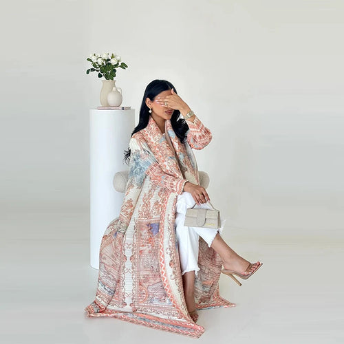 2025 Dubai Printed Pleated Long Women Muslim Lapel Tie Robe Large Size Muslim Pleated Belt Casual Modest Women Abaya