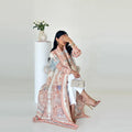2025 Dubai Printed Pleated Long Women Muslim Lapel Tie Robe Large Size Muslim Pleated Belt Casual Modest Women Abaya