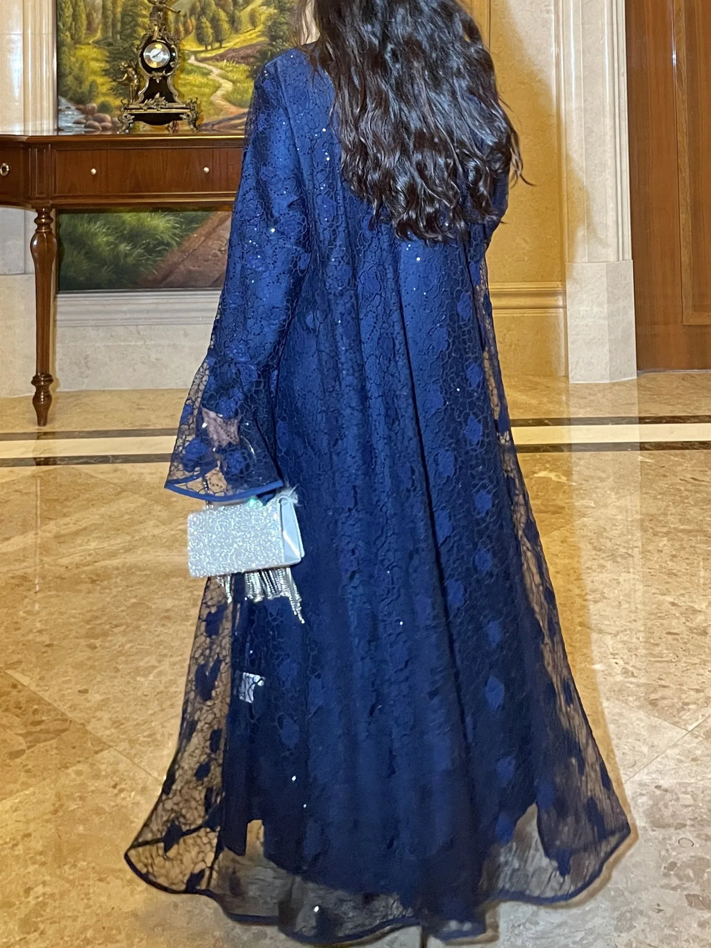 Ramadan Eid Dubai Turkish Banquet Party Abaya for Women Elegant Flare Sleeve Lace 2 Pieces Dresses Robe Muslim