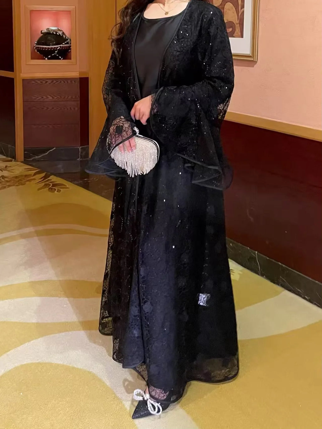 Ramadan Eid Dubai Turkish Banquet Party Abaya for Women Elegant Flare Sleeve Lace 2 Pieces Dresses Robe Muslim